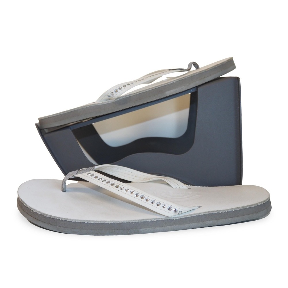 Rainbow Sandals Crystal Collection White Leather Rhinestone Flip Flops Women L